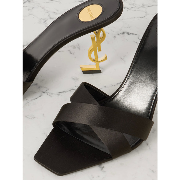 Saint Laurent Opyum 85 Sandal Black Satin Gold YSL Heel Backless Mule Pump 38 - Picture 11 of 16